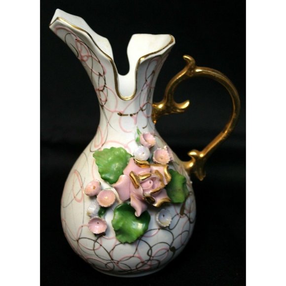 VTG Lefton China Pitcher Pink Rose Forget-Me-Nots Hand Painted Small Gold Swirls - Picture 1 of 8